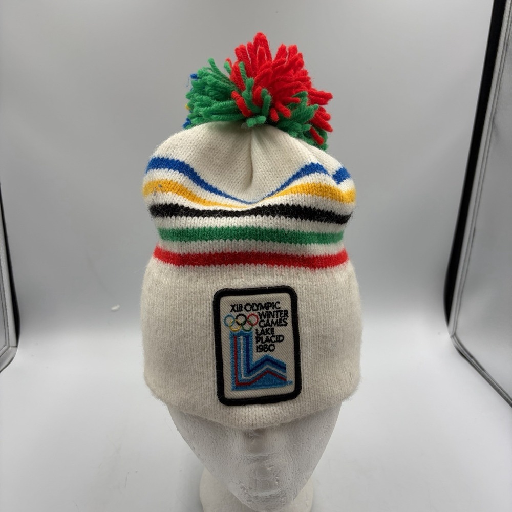 1980 Winter Olympic Lake Placid NY Beanie Hat‎ Rainbow Hudson Stripes Wool Blend